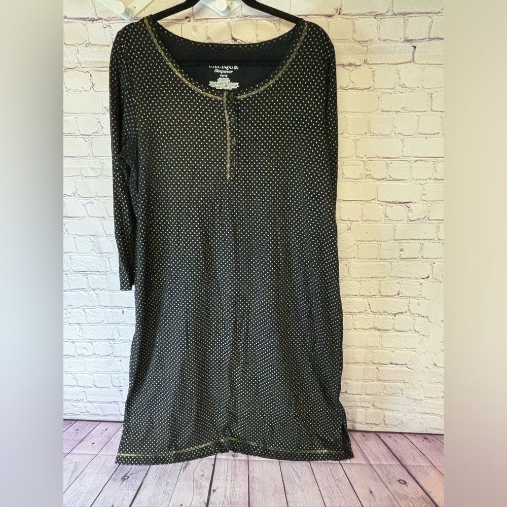 Cacique Black Gold Polka Dots Long Sleeve Holiday Cozy Henley Sleepshirt Size 14